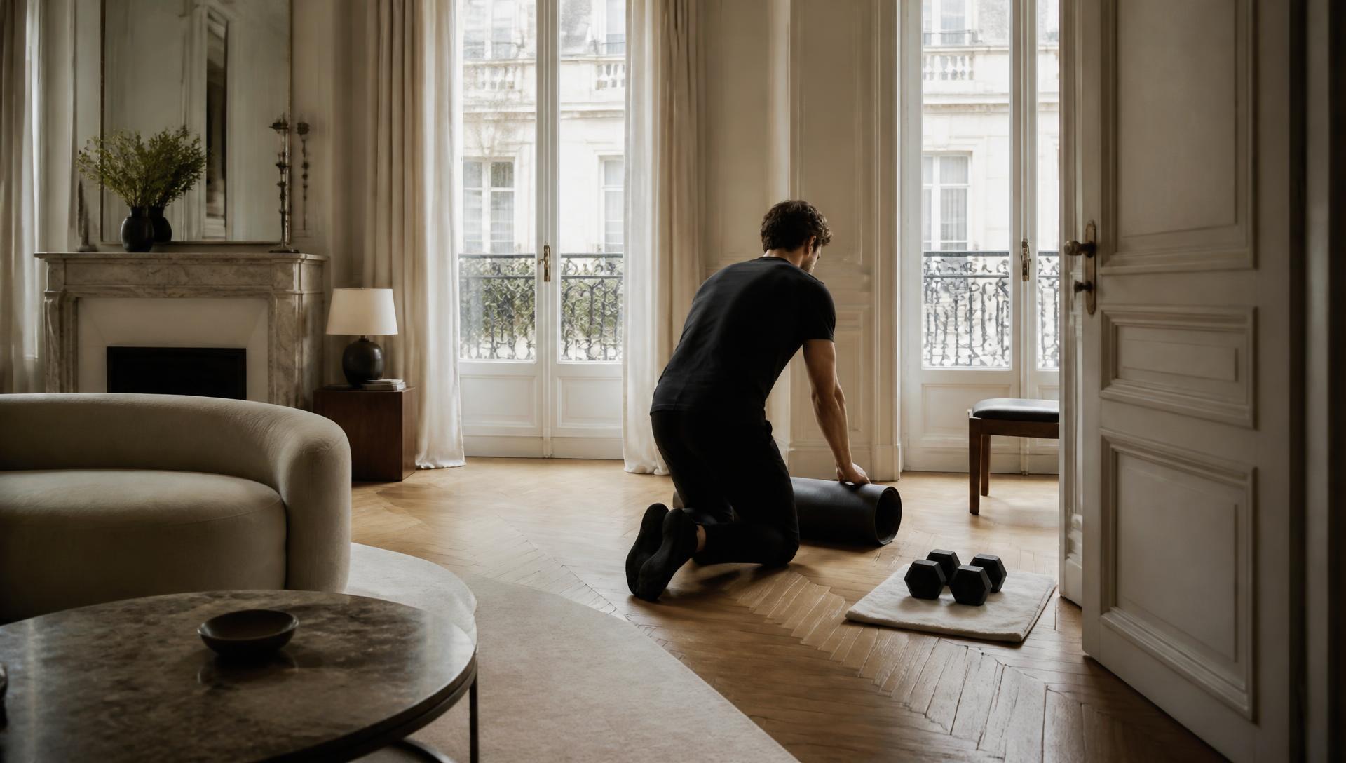 Coach privé préparant une séance dans un appartement baigné de lumière naturelle